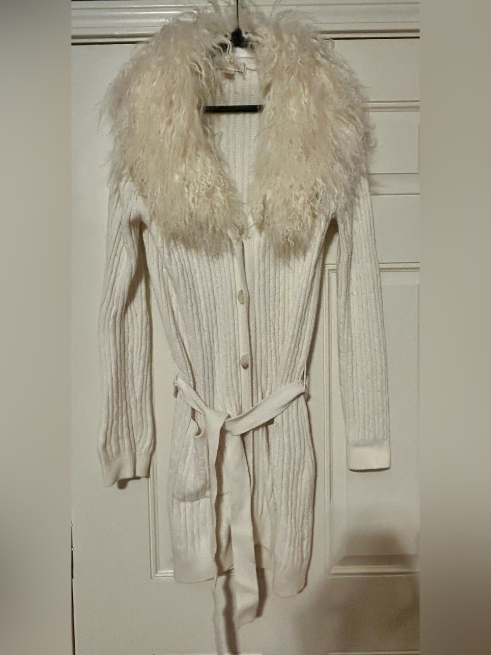 Michael Kors Cream Long Ribbed Cardigan Sweater Removable Faux-Fur Collar Size L